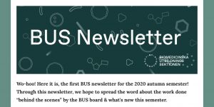 A screenshot that says BUS Newsletter in large white text over a green background with motifs