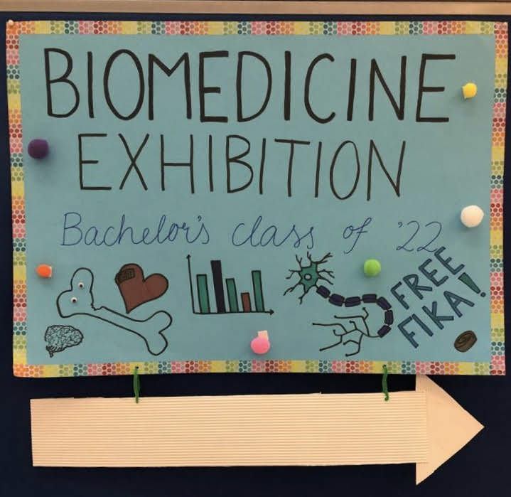 A Poster for the Biomedicine Art Exhibition Bachelor's Class of '22. Playful pictures, and a small text that says FREE FIKA!