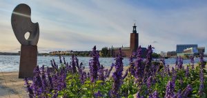 View of flowers with Stockholm City Hall in the background
