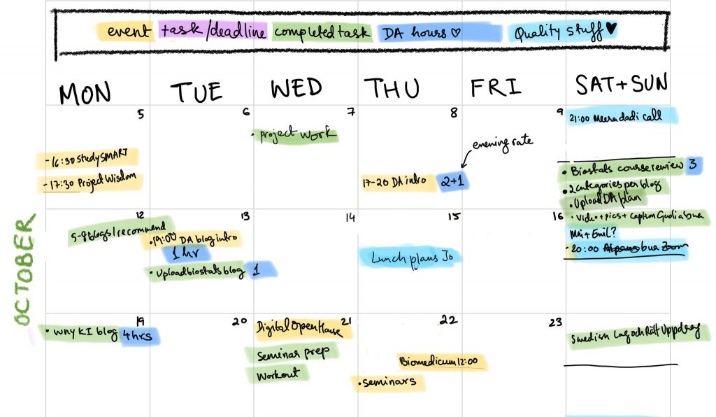 A handwritten planner with the days and month labelled and a colour coded key at the top with categories "event", "task/deadline", "completed task", "DA hours", and "Quality stuff"