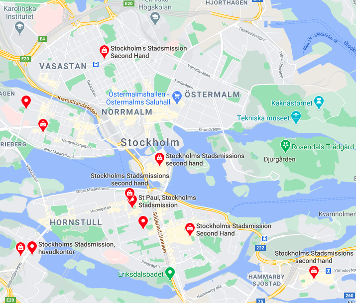 Map of the locations of the Stockholm Stadsmission second hand shops