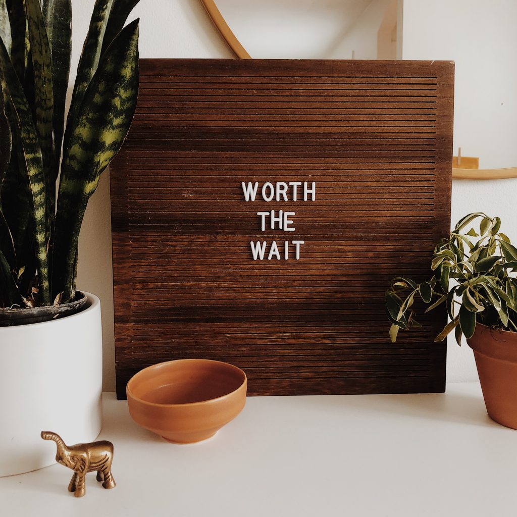 A dark wooden board with the words "WORTH THE WAIT", surrounded by potted plants and little trinkets like a bowl. 