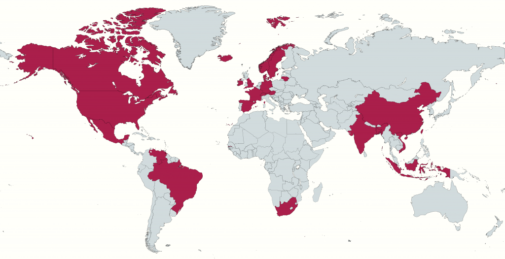 World map with selected highlighted countries