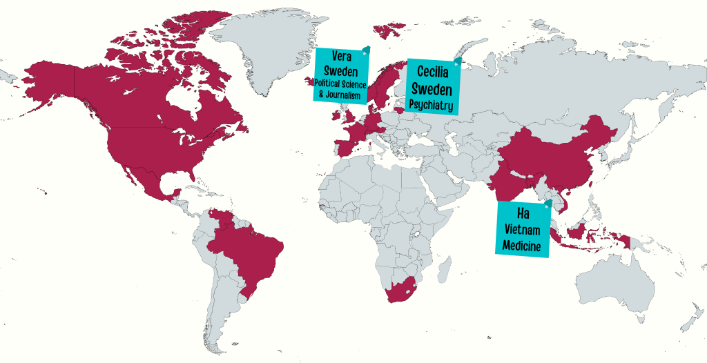 World map with selected highlighted countries