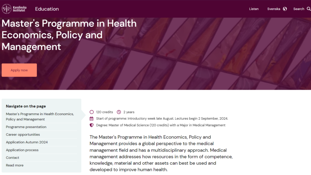 Screenshot of Karolinska Institutet's webpage displaying the Master's Program in Health Economics Policy and Management, including program details and information that helps in the application journey.