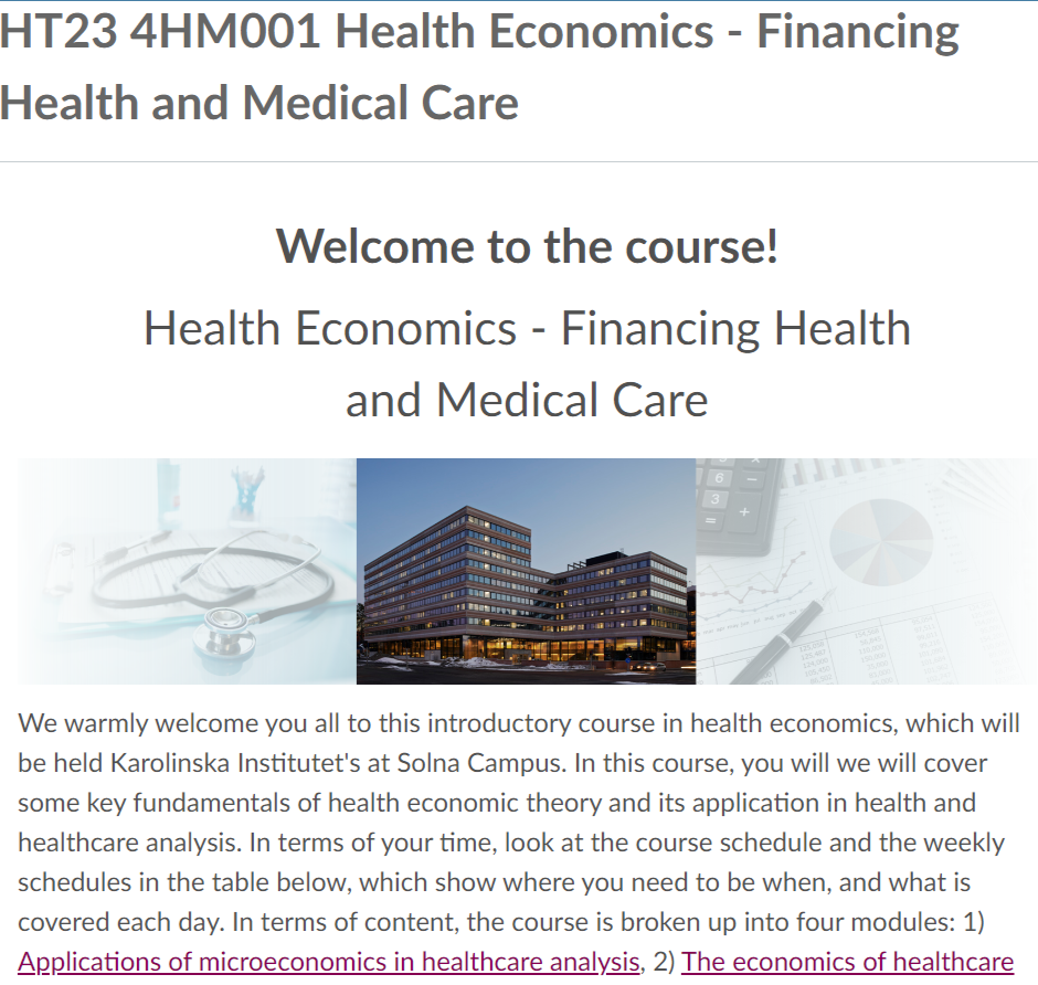Screenshot of Canvas dashboard showing the Health Economics-Financing Health and Medical Care.