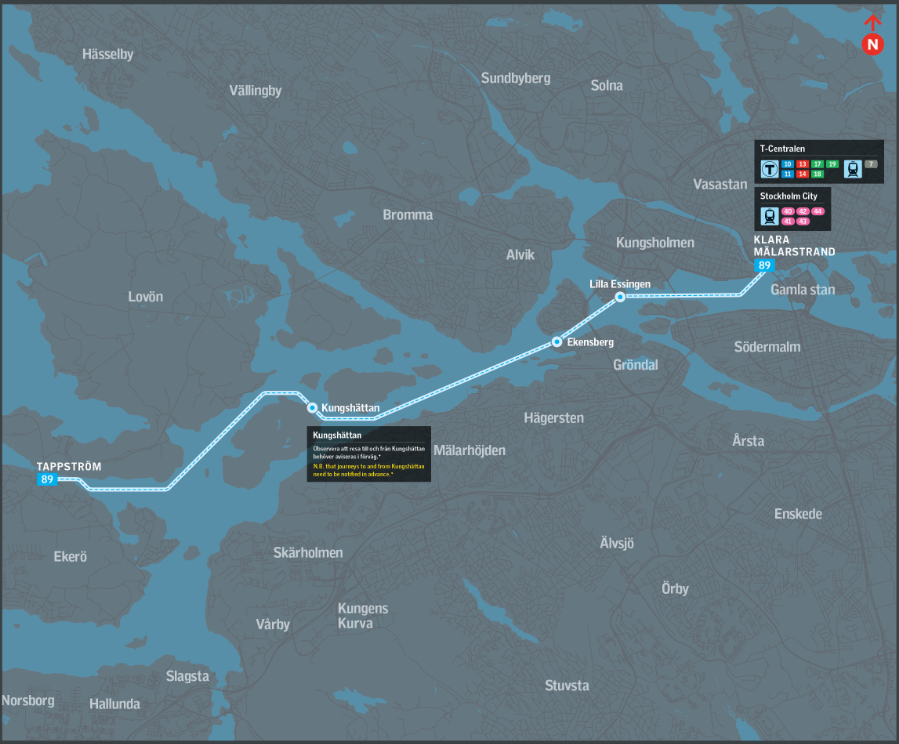 Screenshot from SL displaying our route ending at Ekerö.