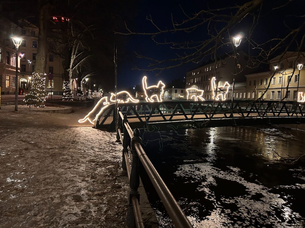 Lighting in the shape of cats on the bridge over the Uppsala river. Finalizing our trip to Uppsala