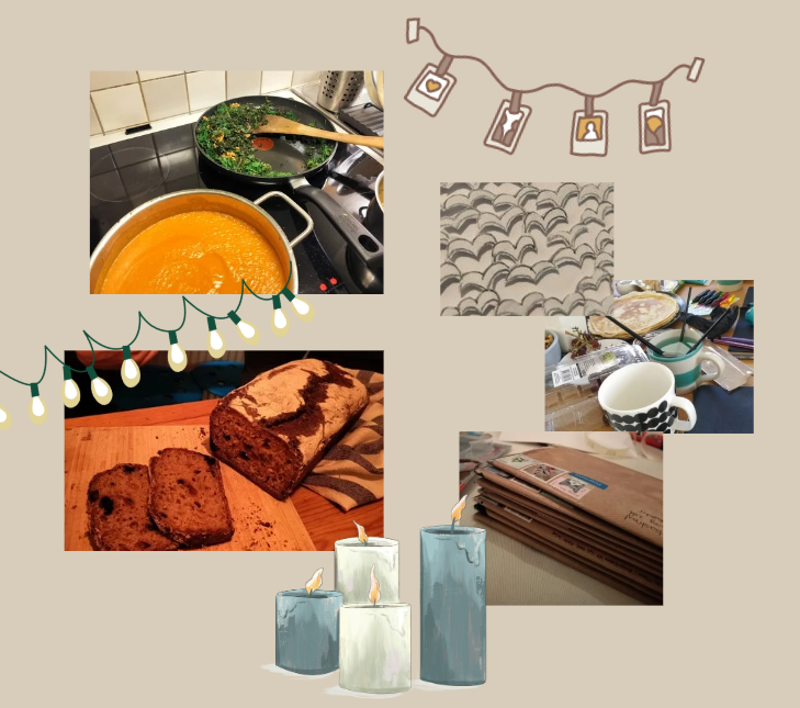 Pictures with food, candles and fairy lights