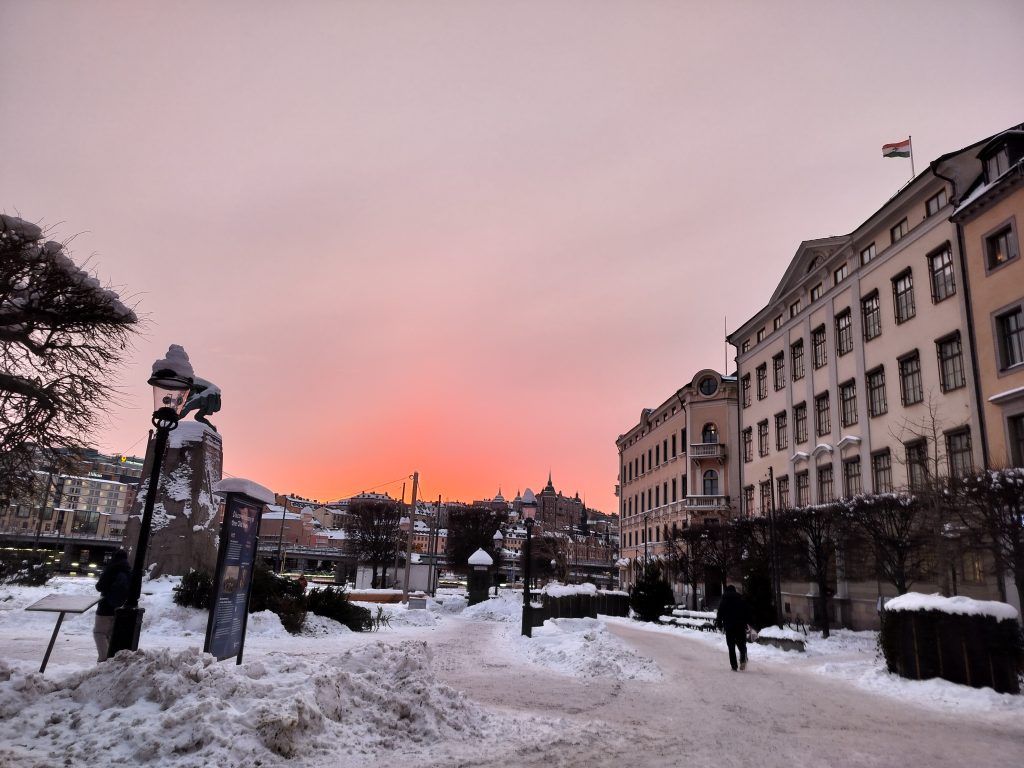 Wintery sunset in a snowy city