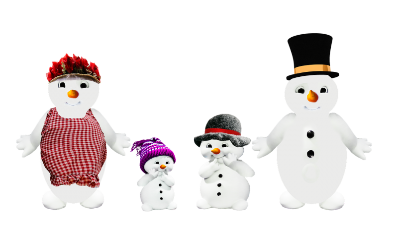 Pictures of four snowman, dressed as a pair of snowman parents and two snowman children