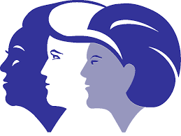 Side profile of three female faces.