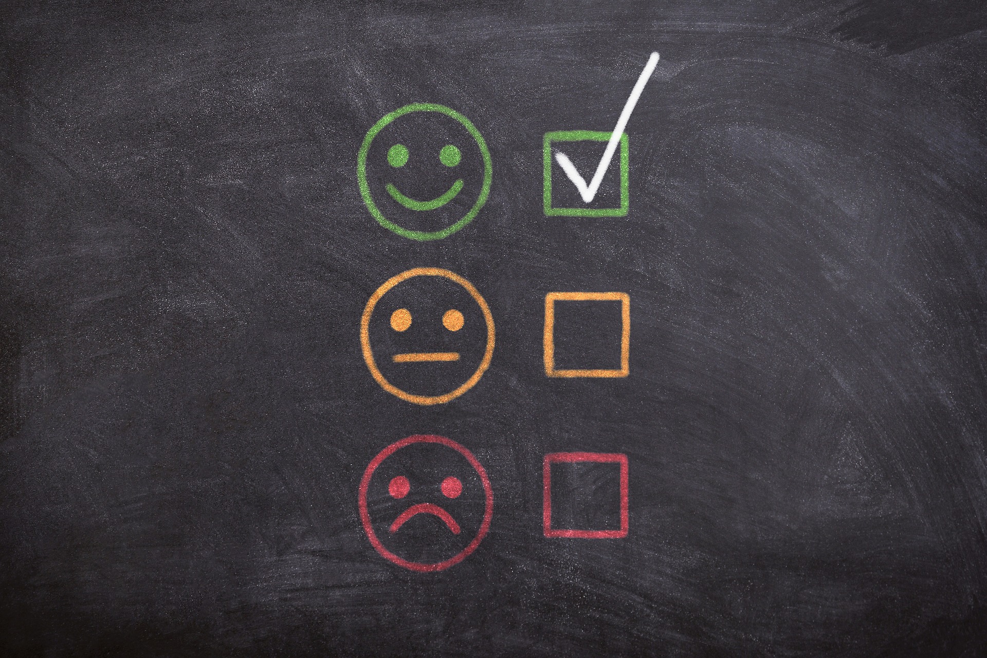 A black board with three faces: a green smiley face, amber ambivalent face and red sad face. Each face has a box next to it and there's a tick next to the green face.