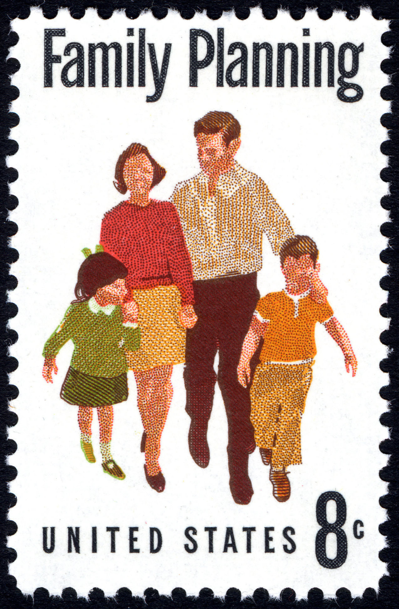 An old 8 cents postage stamp from the US with an image of a family of four.