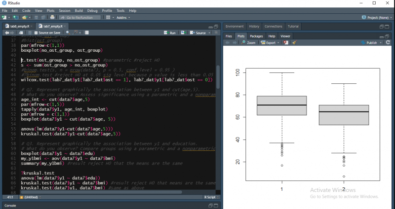 A section of code on black backgound takes up the left half of the image. The other half consists of 2 boxplots