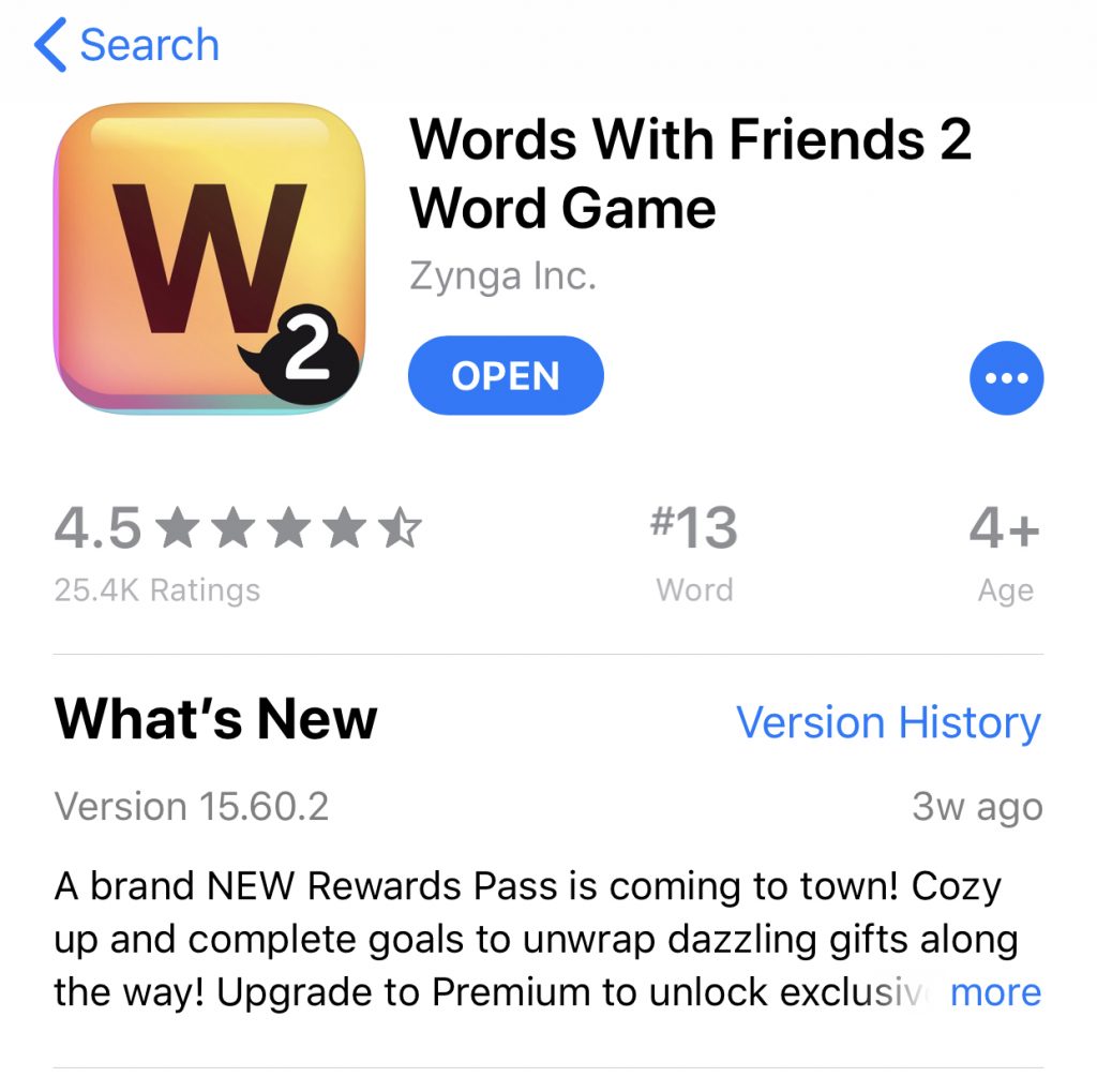 Image of the Words with Friends app in the app store 