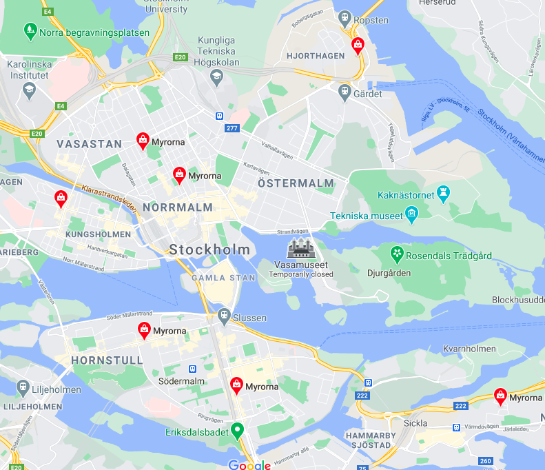 Map of the locations of the Myrorna second hand shops