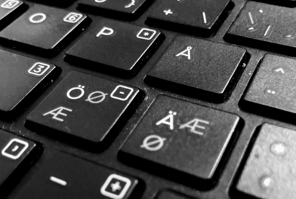 A keyboard in black and white with Å, Ö and Ä letters.