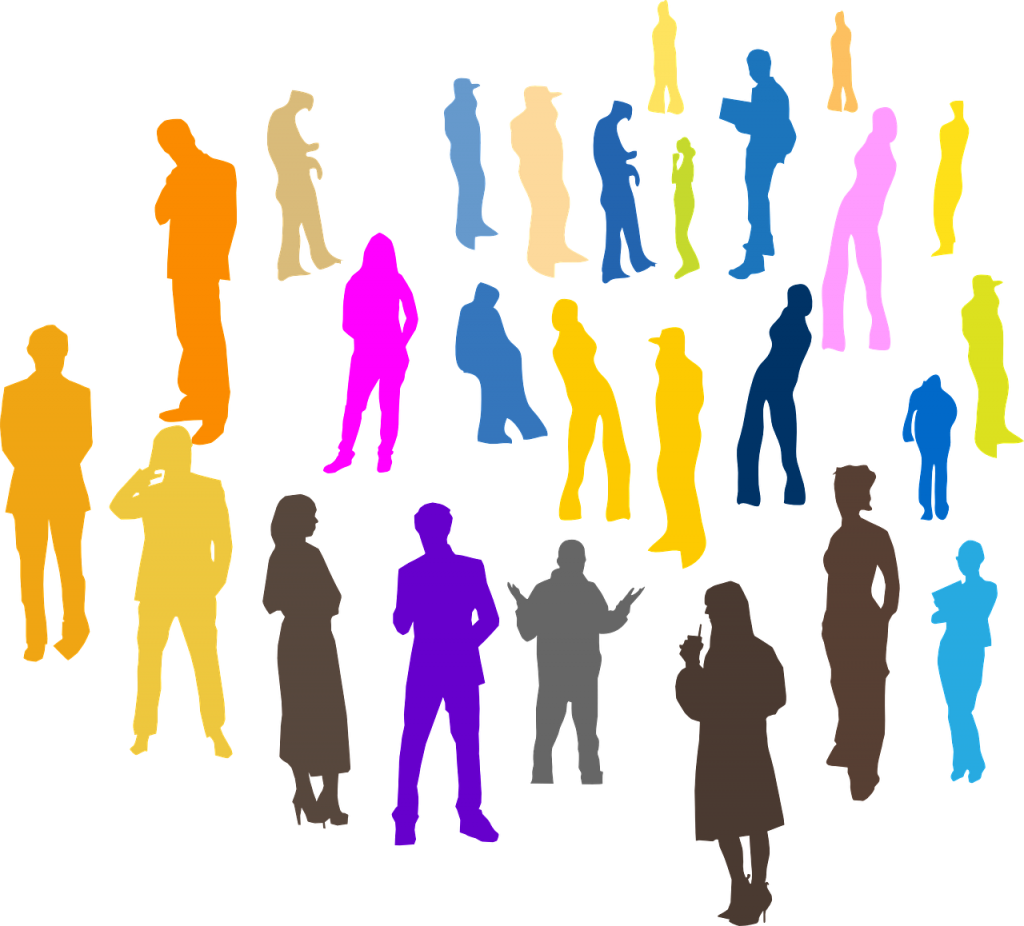 A group of multi-coloured silhouettes in different poses