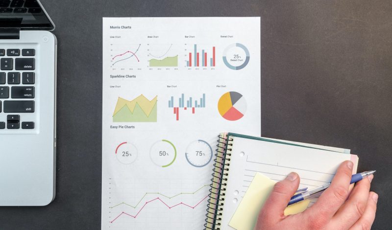 Image of a paper with graphs, next to a computer, and next to a notebook with a hand on top of it.