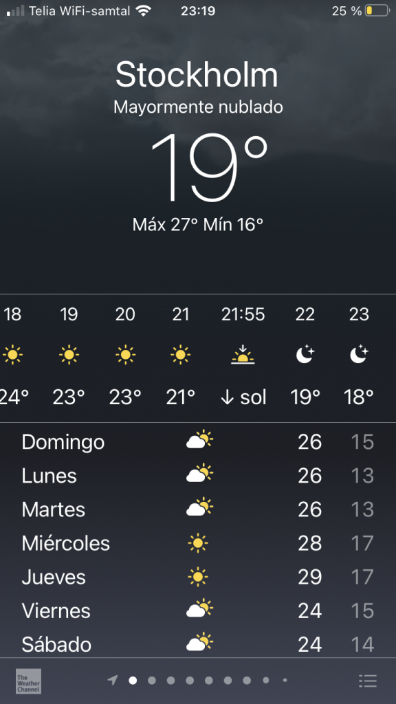 A screenshot from the weather app, which says "Stockholm, 19°C" and other prediction of the weather in the coming hours, through the days of the week, etc. 
