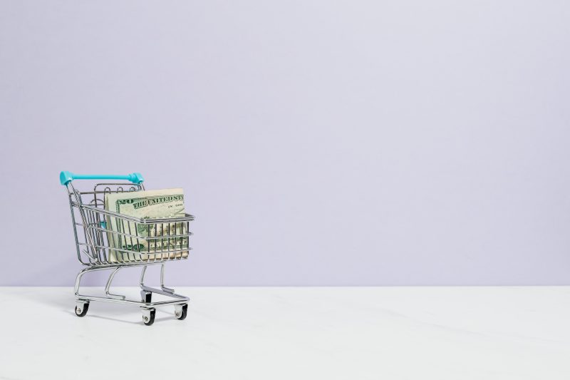 A miniature shopping cart with money bills in it against a lavender and white background