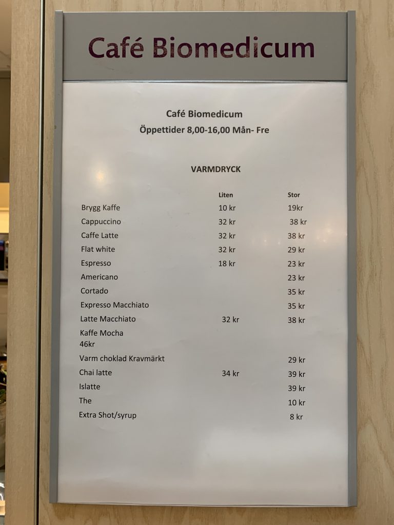 Drinks menu at Café Biomedicum