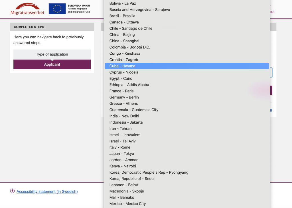 This picture shows some of the embassies listed in the drop down box of the application form through which you can communicate about your visa process. 
