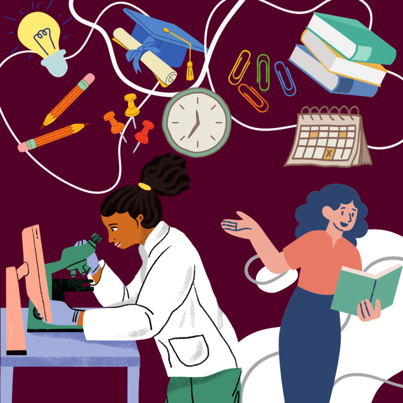 A scientist and a student, surrounded by various academic supplies