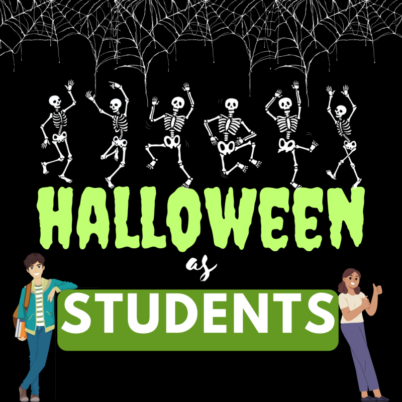 Test saying Halloween as students with skeletons and two students