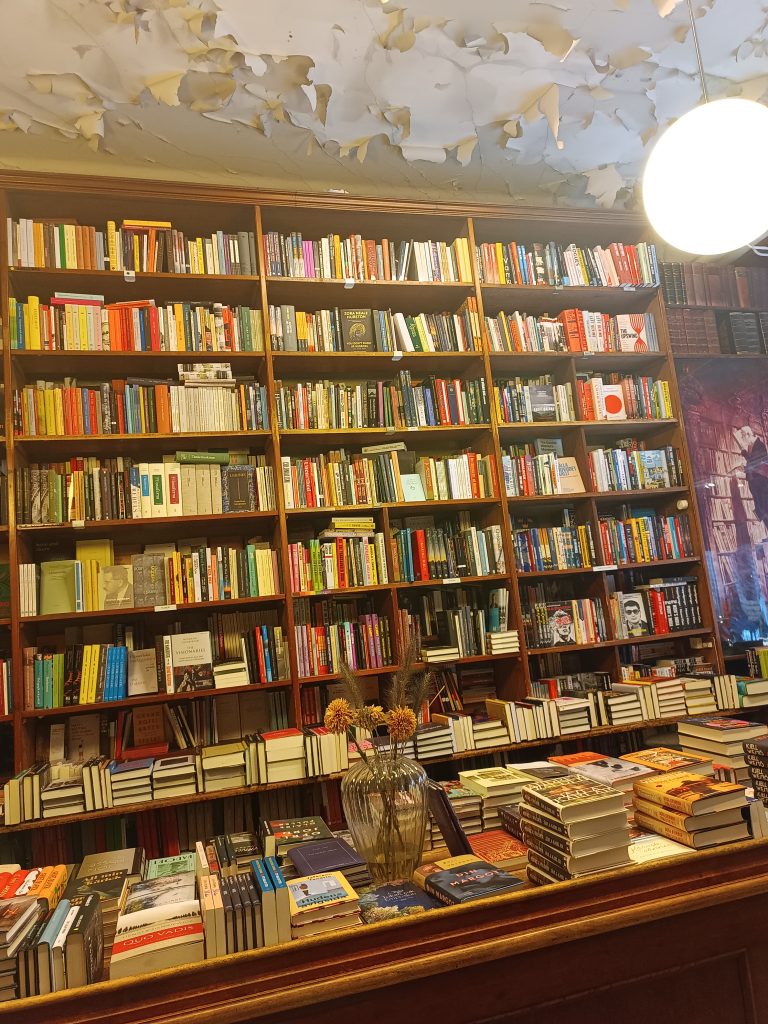 shelves lined with books in a bookstore
