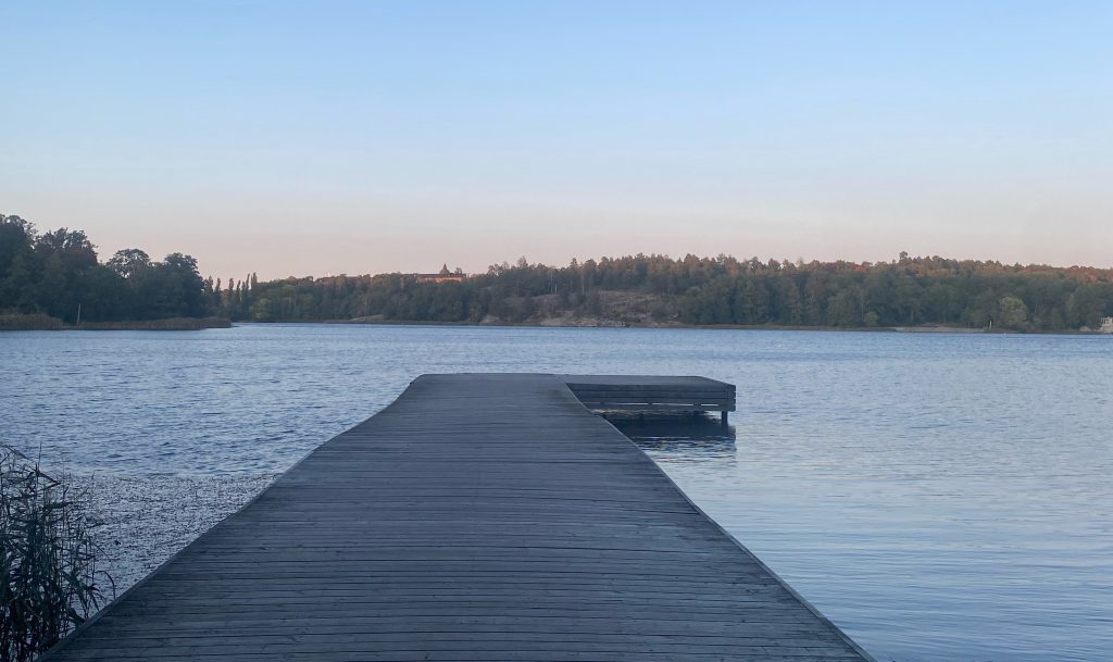 A picture of a dock at sunset