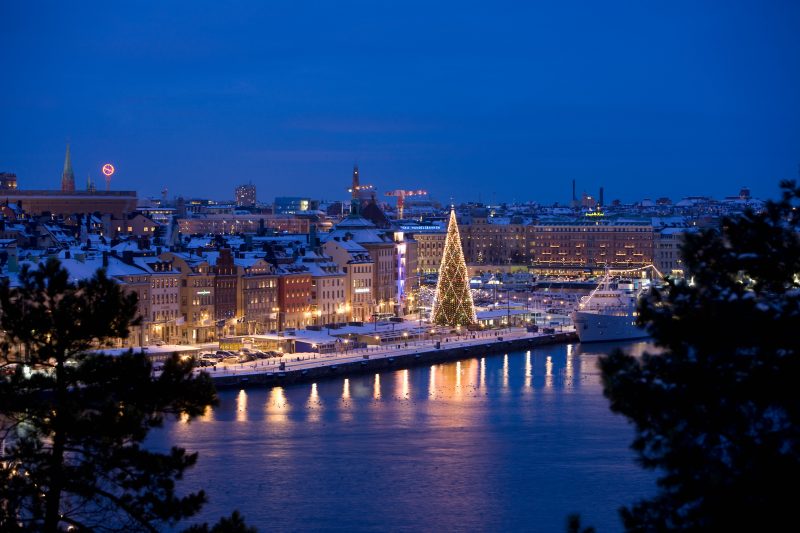 The big Christmas tree on Skeppsbron is the largest real Christmas tree in the world. It is 38 m high and decorated with 5000 lights and a four meter star at the top. Showing the festive season in stockholm.