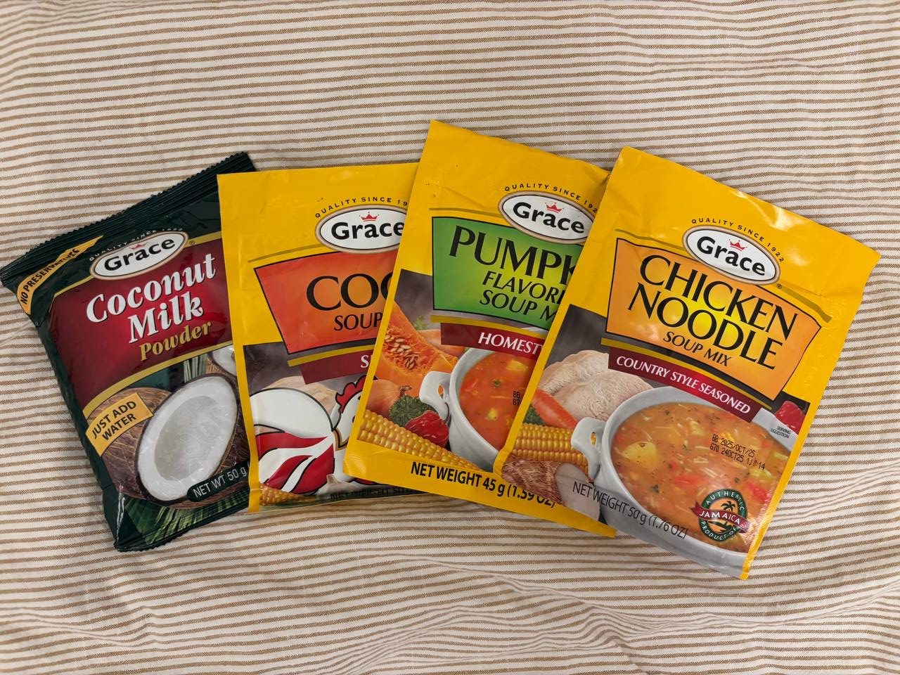 Packets of soup seasoning from Jamaica.