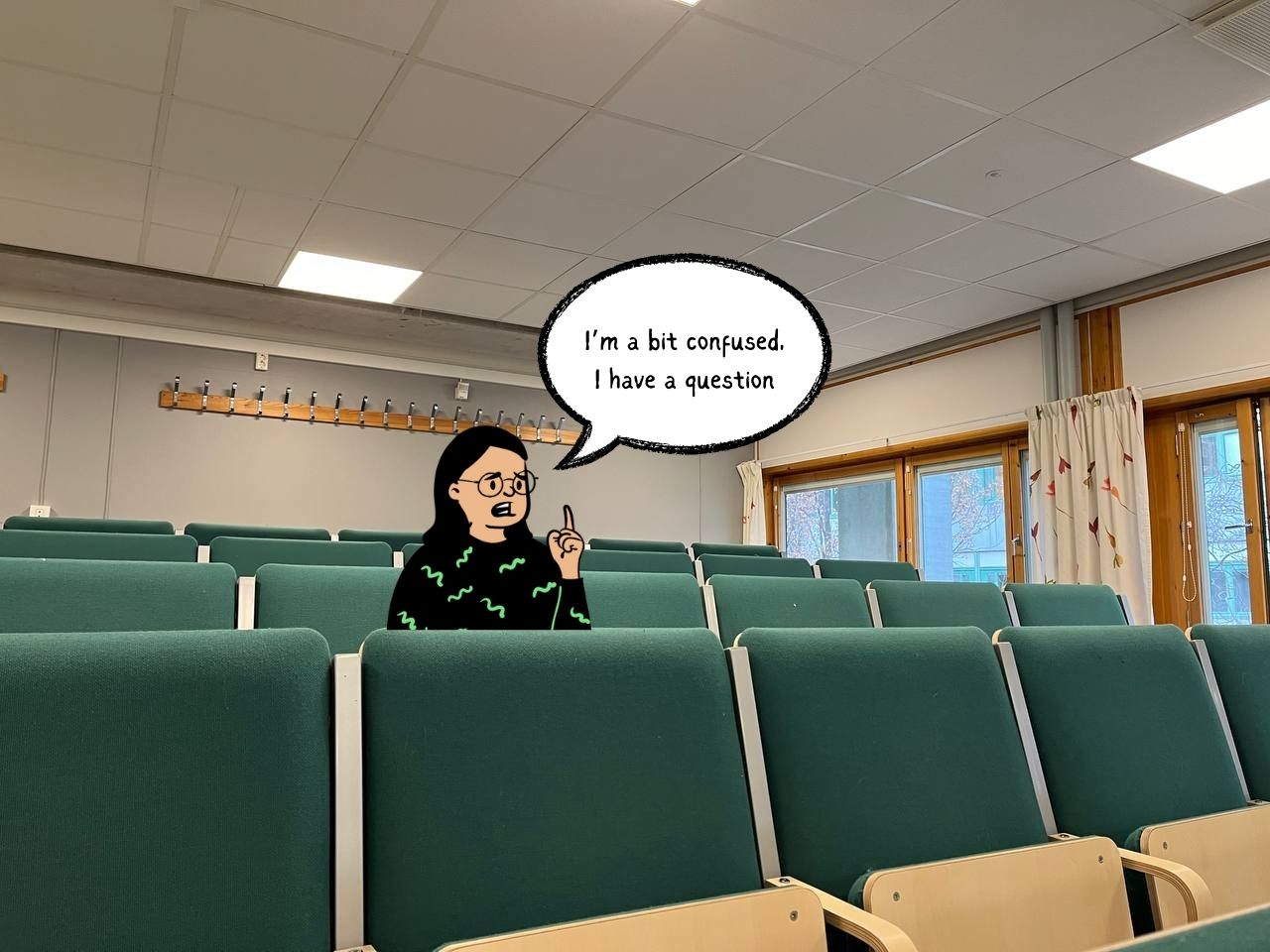 A illustrated student asking a question edited into a real classroom.