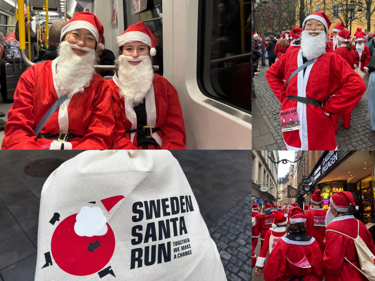A collage of people running in santa outfits. On the top left, two Santas in the metro. On the top right, a santa posing in the crowd. On the bottom left, a canvas bag with the Santa run logo. On the bottom right, Santas running through Gamla Stan