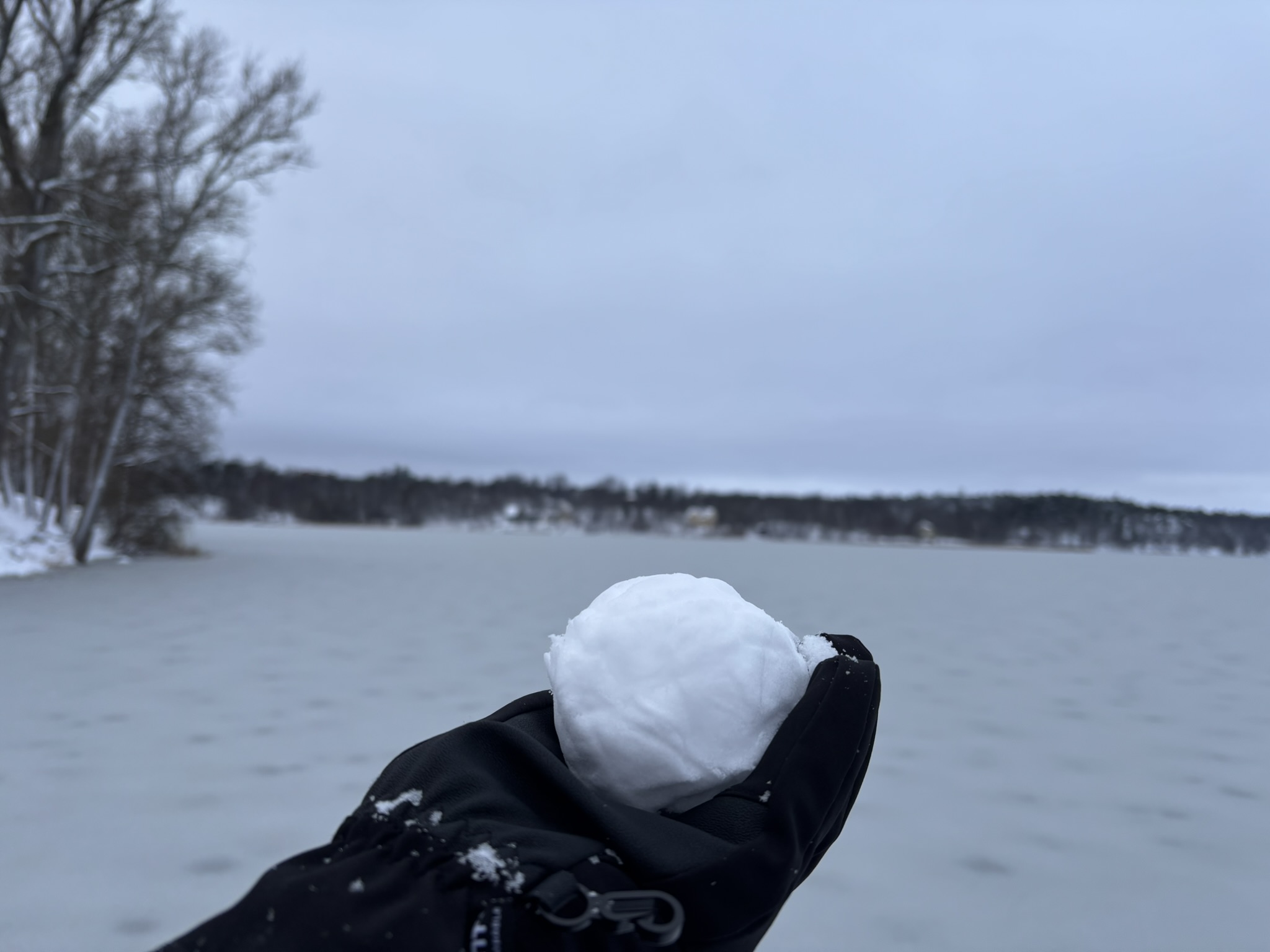 A gloved hand holding a snowball agianst a frozen lake in the background.