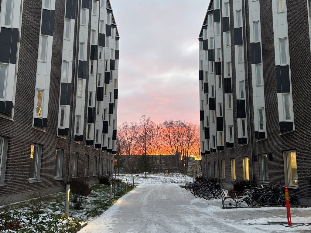 Winter sunset at KI housing. Photo credit: Luis Barcena
