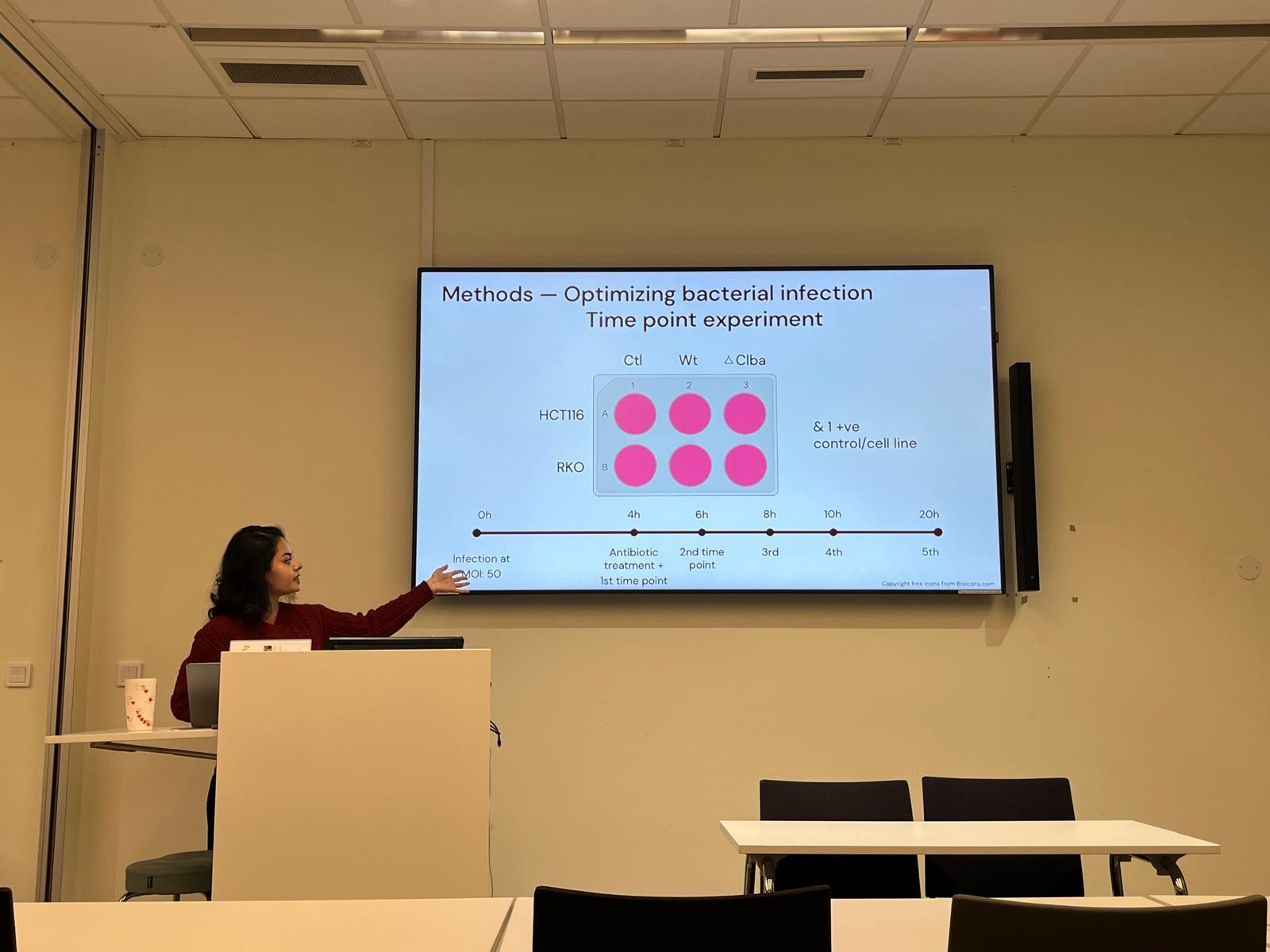 A female is presenting in front of a room of people and looking towards a large screen with material on her project.