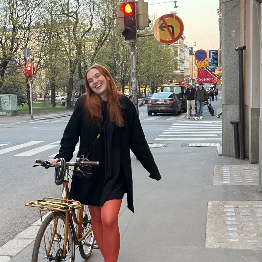 Seela and her bike in the streets of Helsinki. Photo credit: Seela Kallio