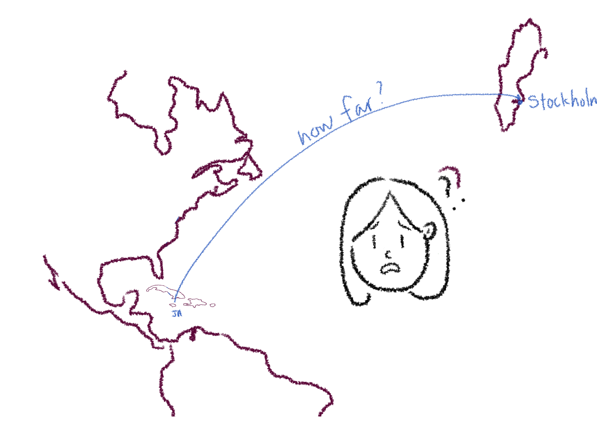 A floating head photo worried about the distance between Sweden and Jamaica on a map.
