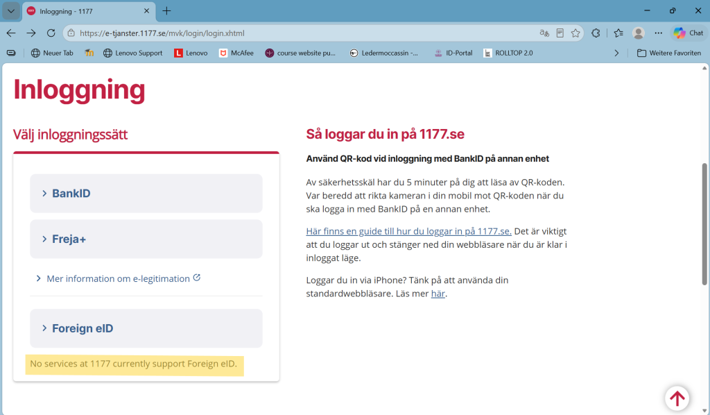 A screenshot of the website of "1177", showing possibilities to login, saying "no services at 1177 currently support Forerign eID).