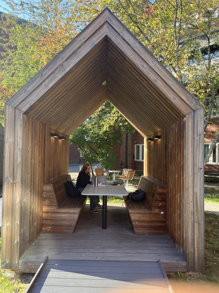 A wooden shelter on the KI campus in autumn, with a fellow student sitting at a table underneath, working on her laptop. Colourful autumn trees surround the area.